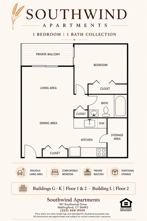 Floor plan for 1 bed, 1 bath, 650 sqft
